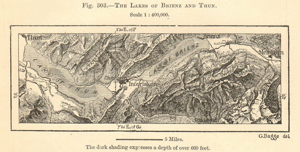 Thunersee & Brienzersee. Interlaken. Switzerland. Sketch map 1885 old